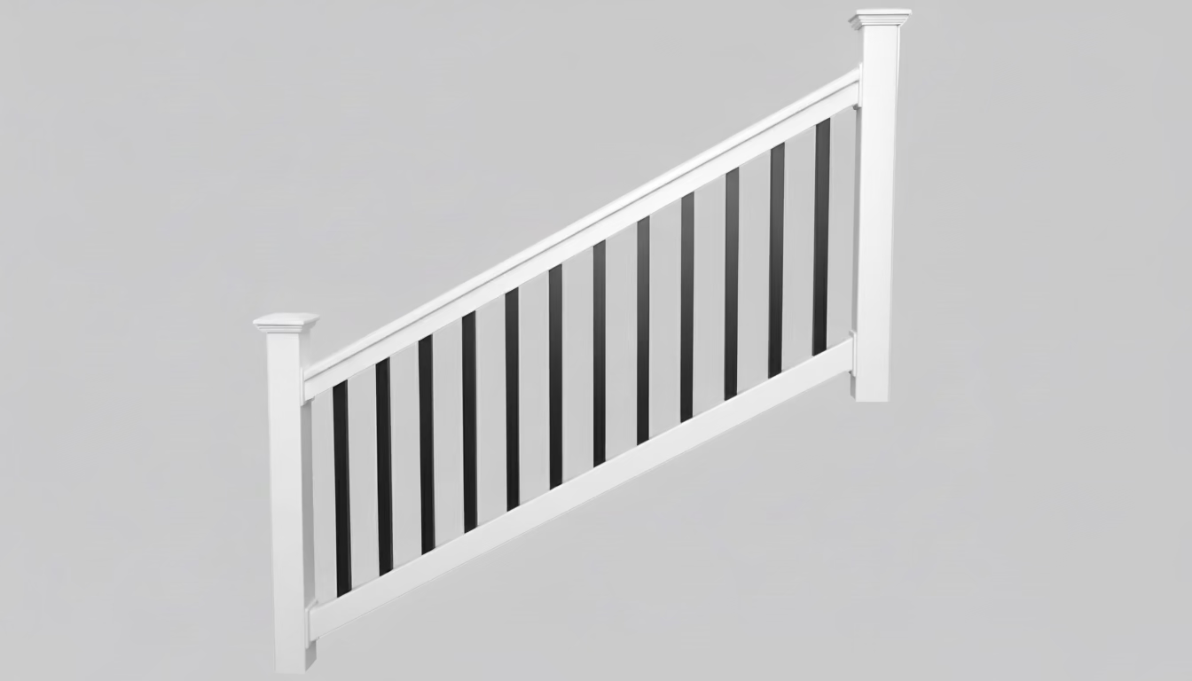 8 ft Stair Rail White Vinyl with black aluminum round pickets. (kit 1)