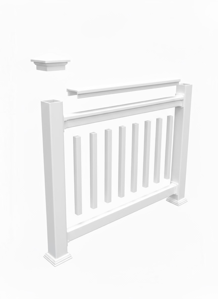 White railing with vertical slats on a white background