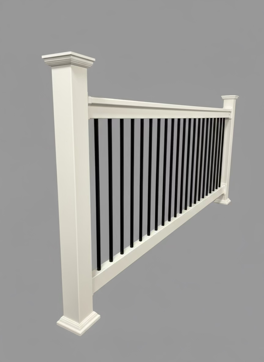 8 ft Level White Vinyl with black aluminum round pickets. (kit 1)